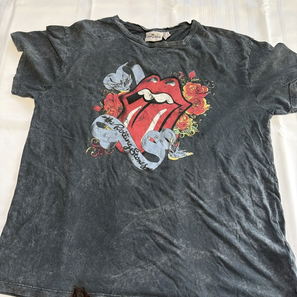 Primark The Rolling Stones Acid Wash Graphic T-Shirt Grey Floral Tongue Logo 10